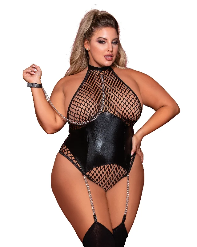 Dreamgirl Plus Size Large Fishnet Corset-Style Halter Teddy with Attached Collar & Chain Leash Accent