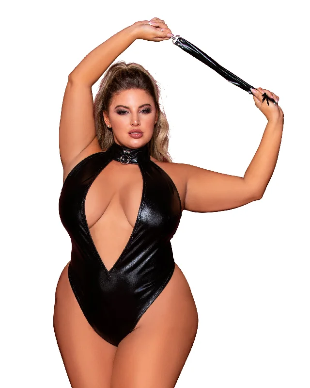 Dreamgirl Plus Size Stretch Faux-Leather Halter Teddy with Studded Collar & Flogger Accessory