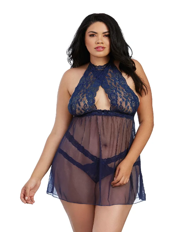 Dreamgirl Plus Size Stretch Lace and Mesh Babydoll with Matching Panty