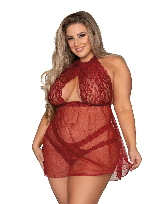 Dreamgirl Plus Size Stretch Lace Babydoll & Panty Set with Halter Neck & Key Hole Detail