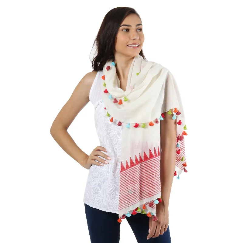 women's sweater modern -Pop of Color Loom Woven 100% Cotton White and Red Shawl from India