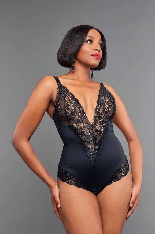 Alluring Control Low-plunge Bodysuit- Black&Nude