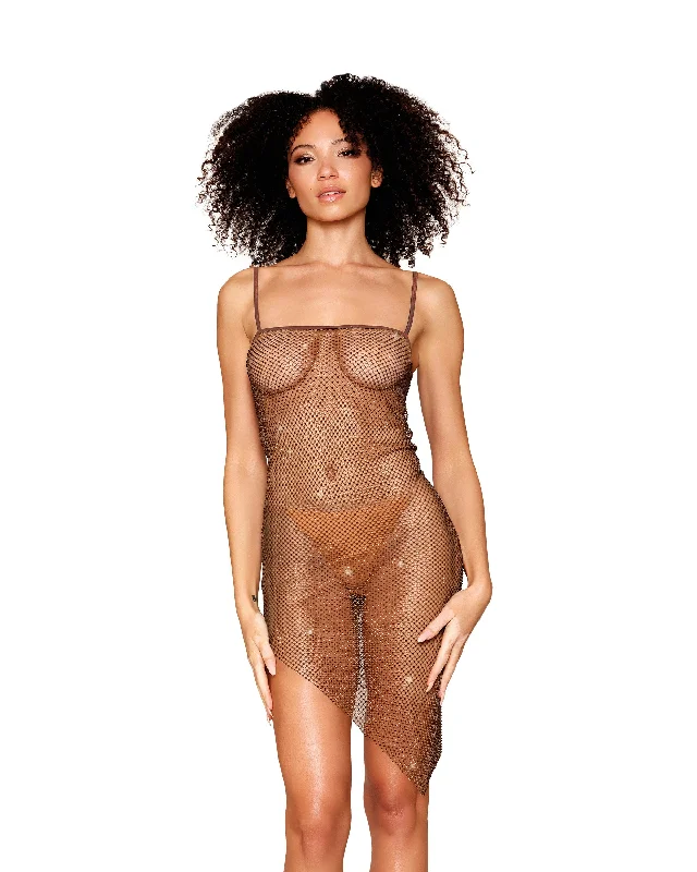 Rhinestone Embellished Fishnet Chemise with an Asymmetrical Hemline