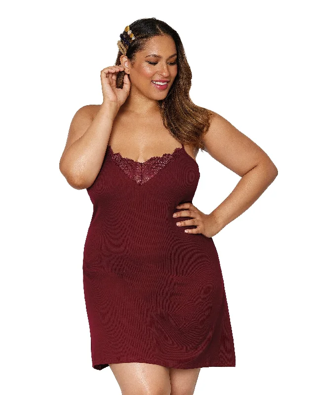 Dreamgirl Plus Size Rib knit sleepwear chemise with lace inset details