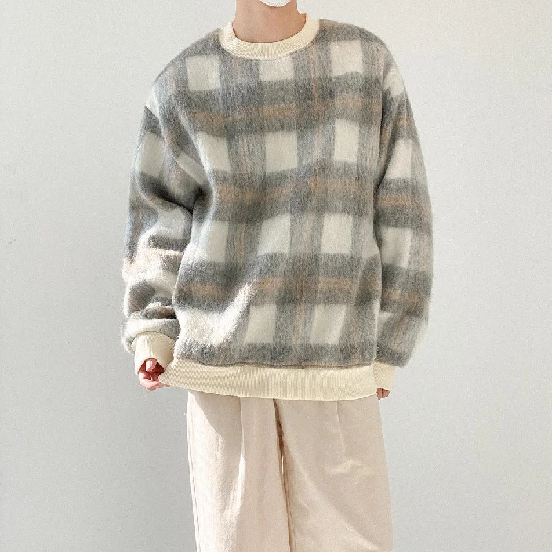 Round Neck Brushed Plaid Sweatshirt