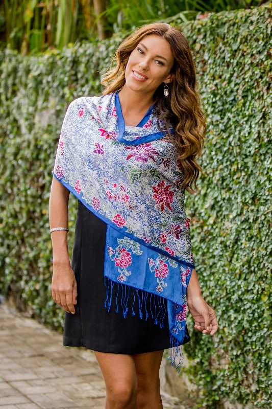 women's sweater summer -Sapphire Mums Blue Batik Silk Shawl