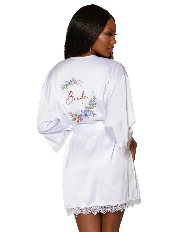 Dreamgirl Satin and eyelash lace trim bridal robe with artistic floral screen-print on the back