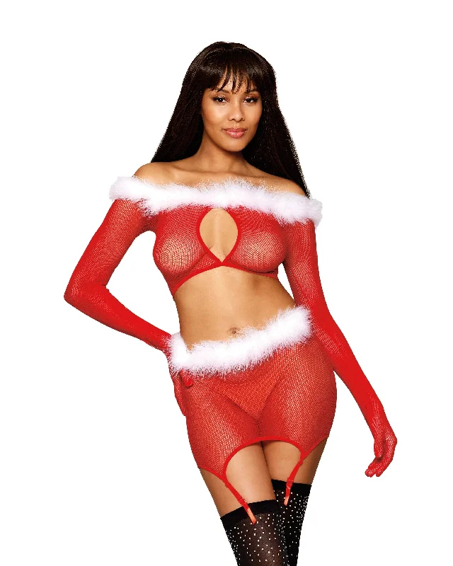 Seamless Fishnet and Feather Trim Santa Two-piece Garter Set