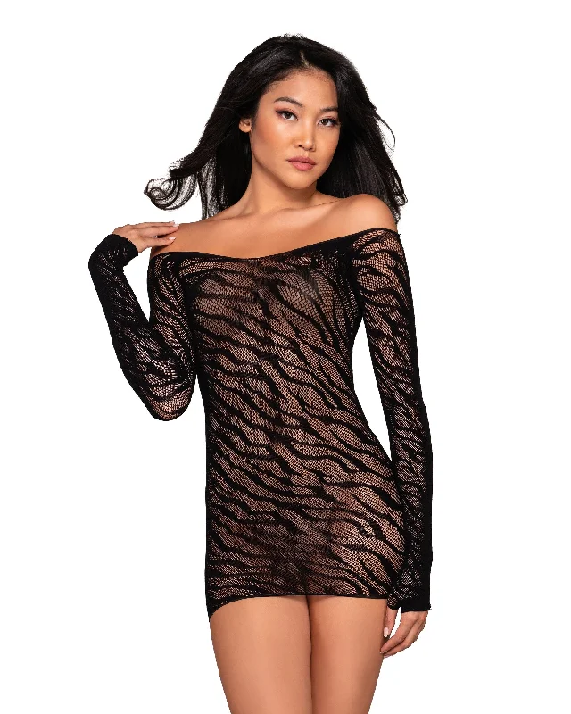 Dreamgirl Seamless Zebra Patterned Off-Shoulder Chemise with Thumbholes