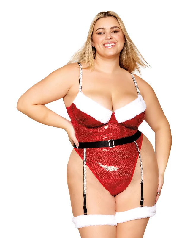 Sequined Mesh and Faux-Fur Trimmed Santa Teddy and Garter Belt Set with Rhinestone Studded Straps and Garters