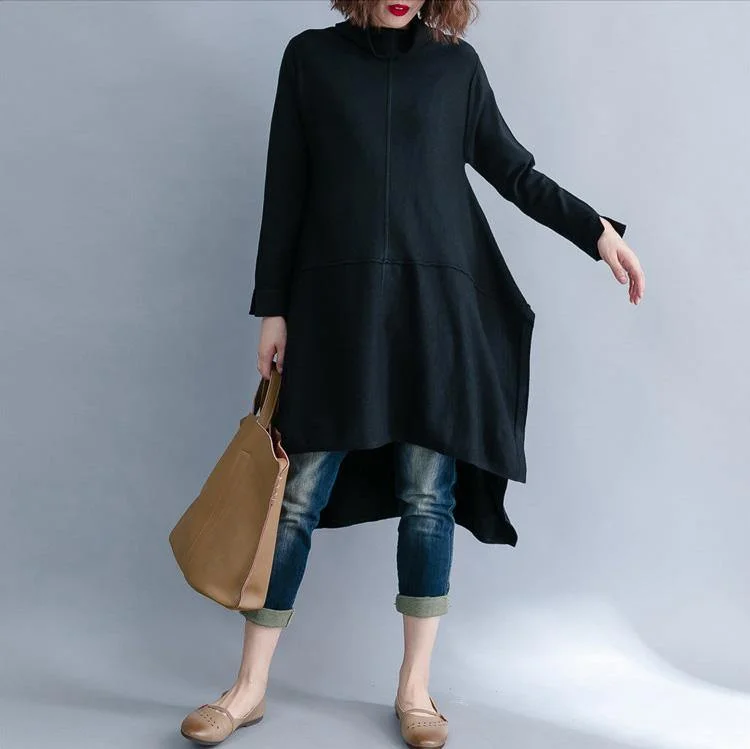 Simple black Sweater outfits plus size low high design baggy knitted tops side open