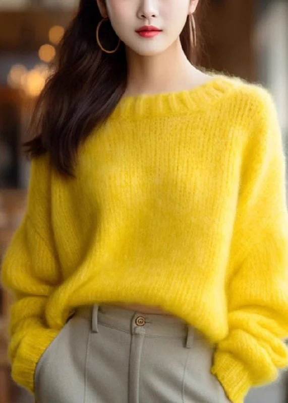 Simple Yellow O Neck Solid Cotton Knit Sweater Long Sleeve