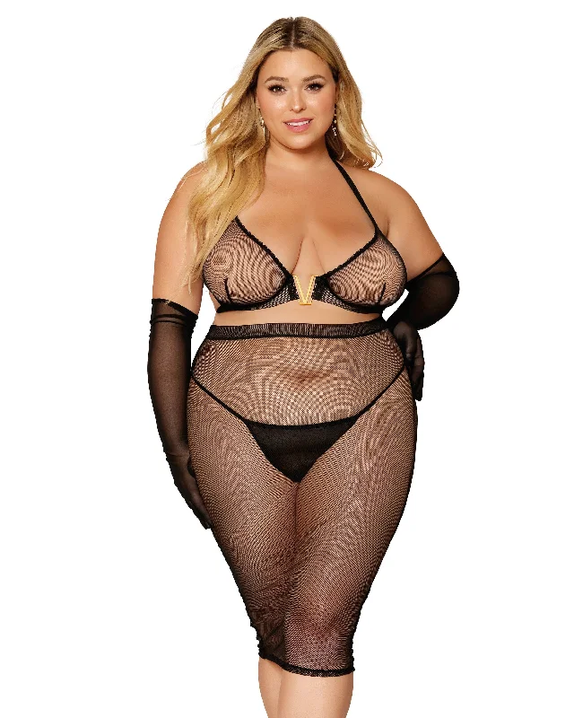 Dreamgirl Stretch fishnet bra and slip skirt set