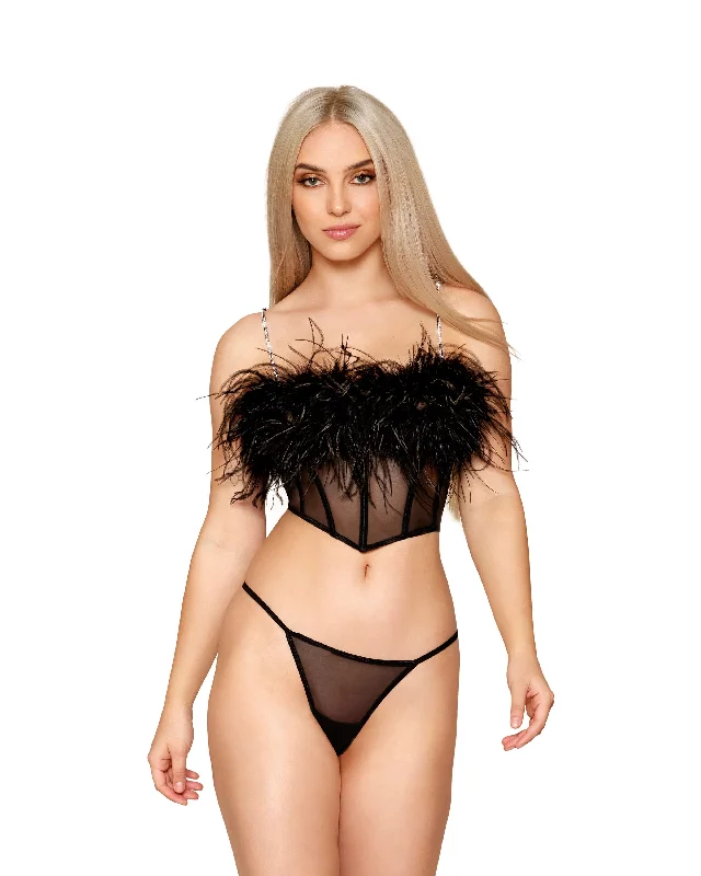 Stretch Mesh Bustier with Removable Feather Trim & G-String Set