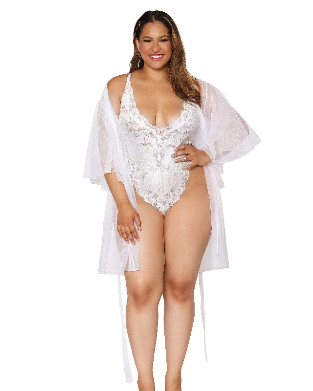 Dreamgirl Plus Size Stretch mesh robe and bonded stretch lace teddy set