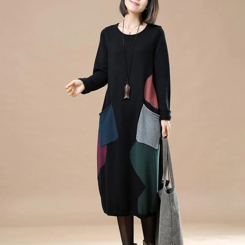 women's sweater blue -stylish black long sweaters dresses trendy plus size pullover casual  baggy pullover sweater patchwork