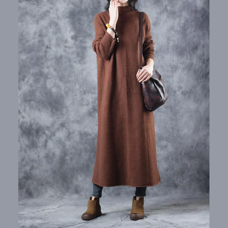 Stylish Brown Sweater Dress Loose Fitting High Neck Pullover Elegant Back Side Open Sweater