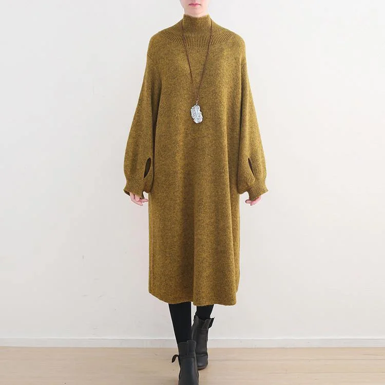 Stylish Yellow Sweater Dress Oversized High Neck Spring Dress Women Puff Sleeve Pockets Winter Dresses