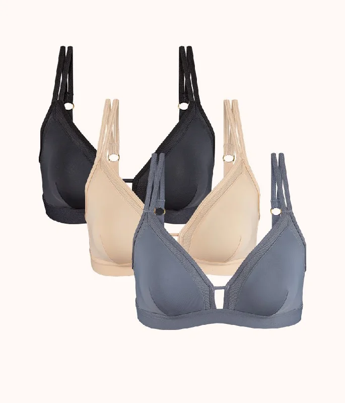 The Mesh Trim Padded Bralette Trio: Toasted Almond/Jet Black/Smoke