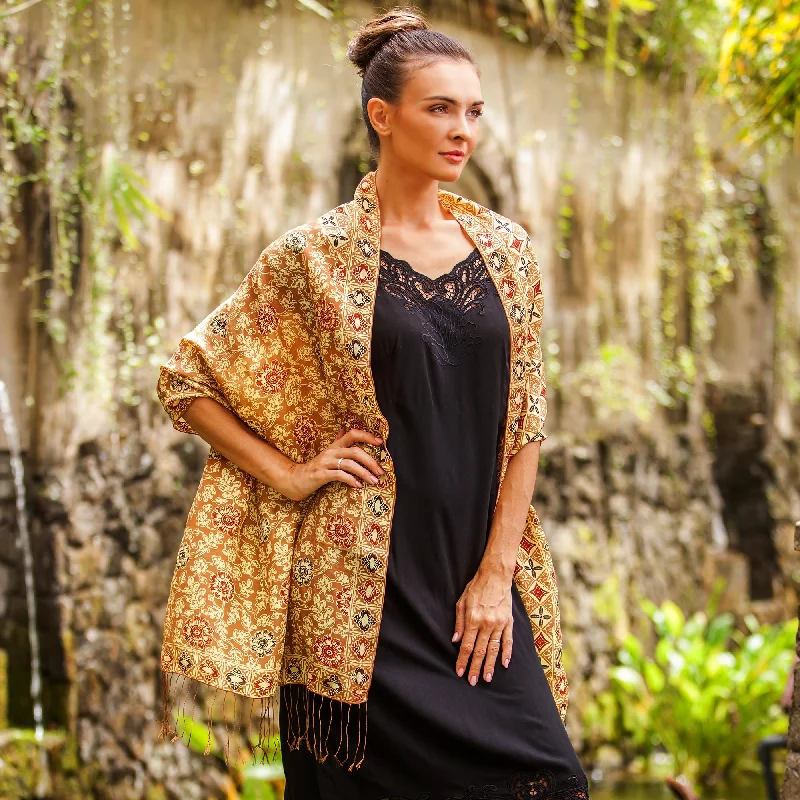 women's sweater knitted -Truntum Forest in Ginger Batik Silk Shawl with Ginger Floral Motifs from Bali