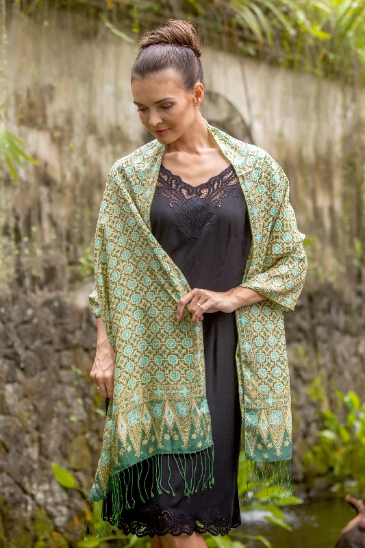 women's sweater gift idea -Truntum Ijo Green Truntum Patterned 100% Silk Batik Shawl