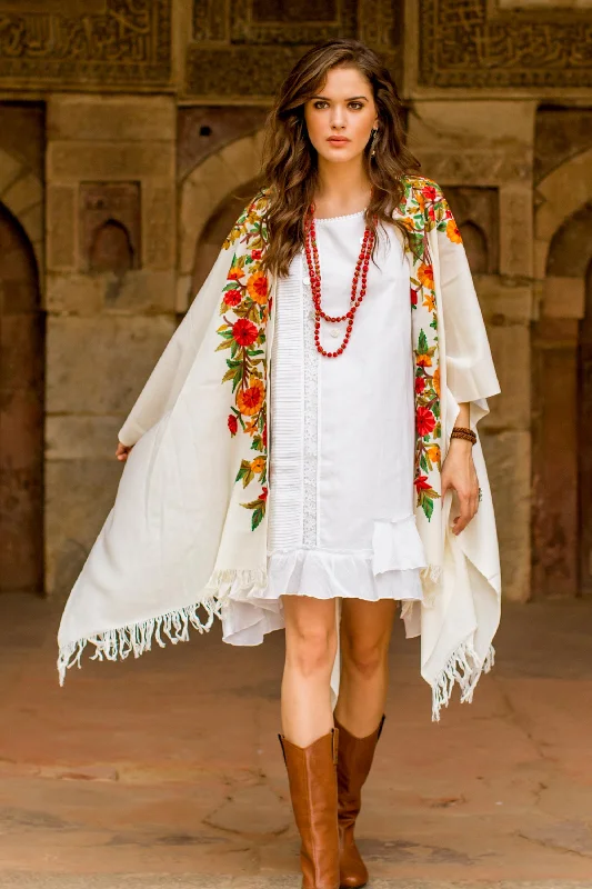 Valley of the Flowers Ample White Wool Cape with Chain Stitch Floral Embroidery