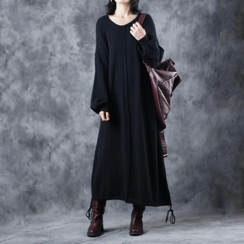 Vintage Black Sweater Dress Plus Size O Neck Drawstring Pullover Lantern Sleeve Winter Dress