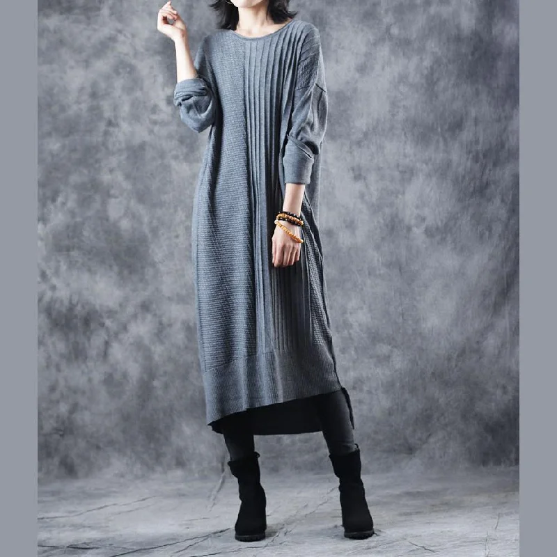 Vintage Gray Knit Dresses Loose Fitting O Neck Long Knit Sweaters Casual Asymmetric Winter Dresses