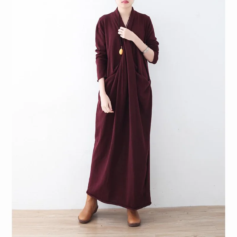 Warm Burgundy Knit Dress Plussize Pullover Sweater Elegant Asymmetric Long Knit Sweaters Dress