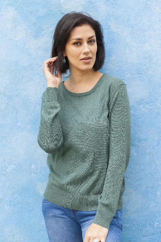 women's sweater for work -Warm Valley in Viridian Knit Cotton Blend Pullover in Viridian from Peru