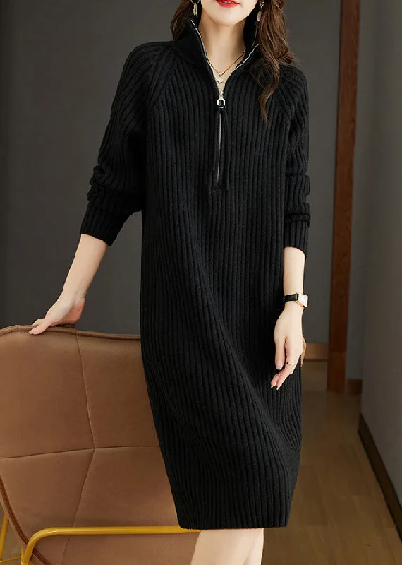 women's sweater maternity -Women Black Zippered Patchwork Woolen Knit Dress Fall