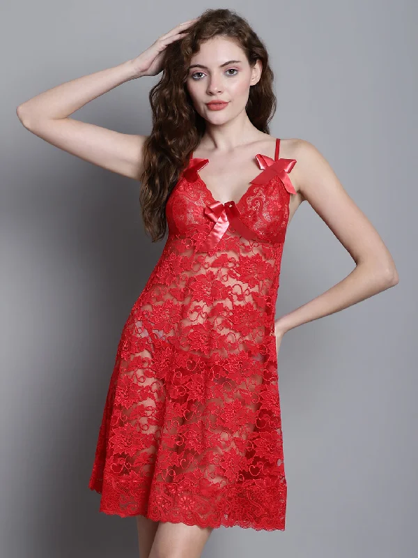 Babydoll Intricate Floral Lacy Dress - Red