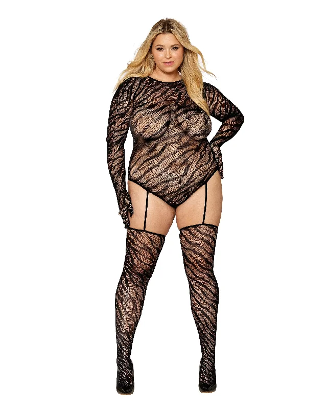 Dreamgirl Zebra fishnet teddy bodystocking with long sleeves, built-in fingered gloves, and keyhole open back detail