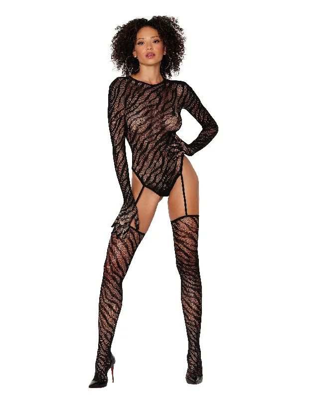 Dreamgirl Zebra fishnet teddy bodystocking with long sleeves, built-in fingered gloves, and keyhole open back detail