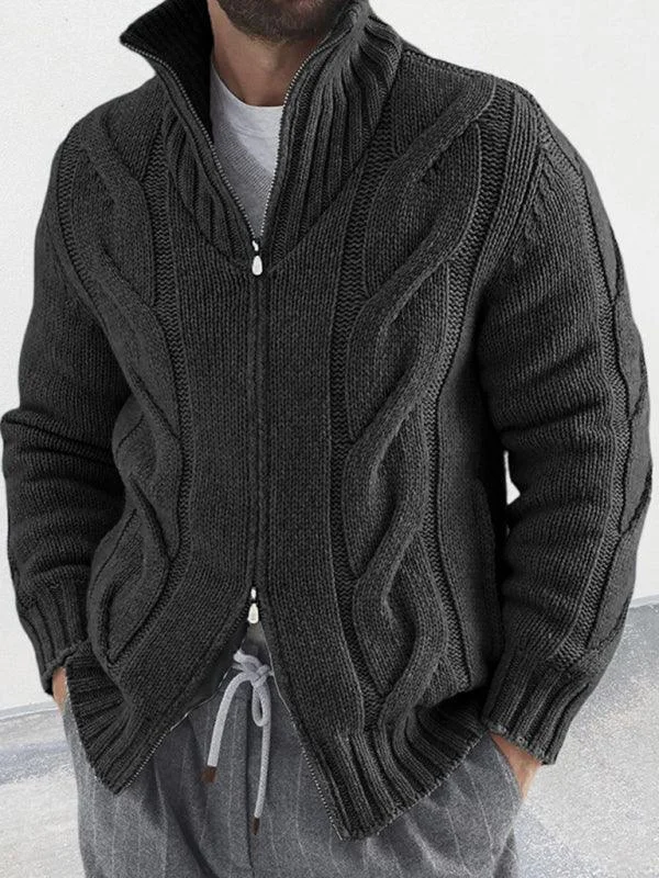 Cable Zipper Men Cardigan Turtleneck Sweater