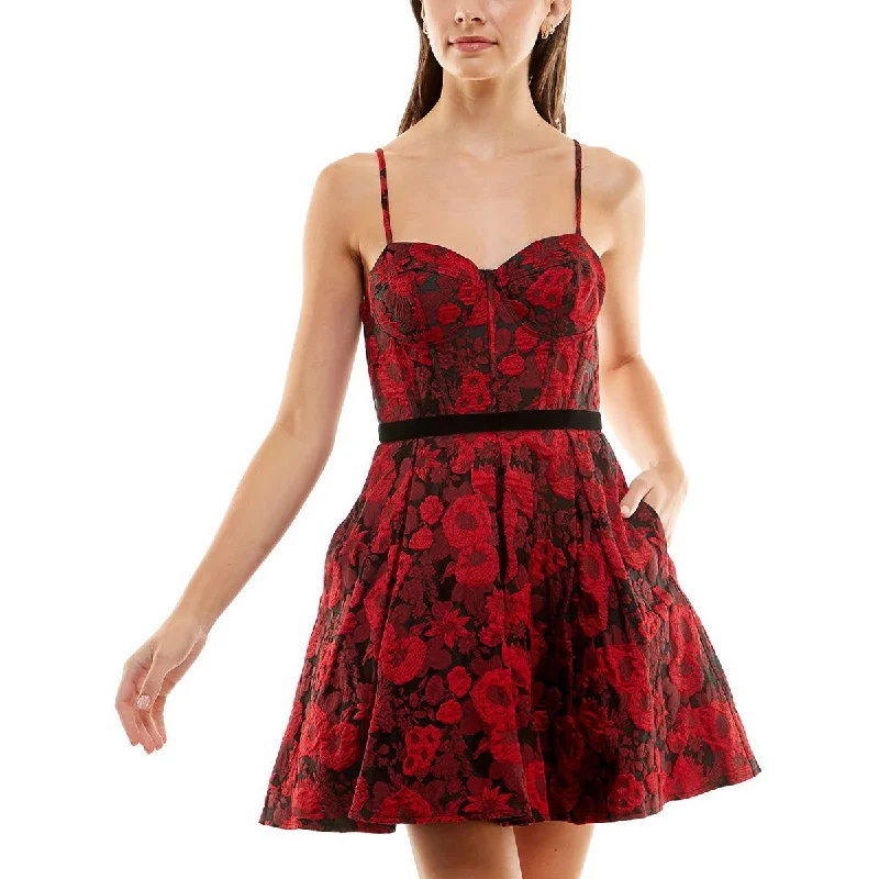 Bee Darlin Womens Juniors Jacquard Floral Fit & Flare Dress