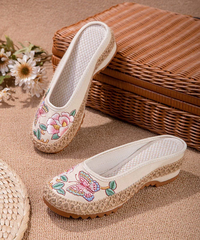 Beige Butterfly Embroideried Splicing Linen Fabric Slide Sandals Women