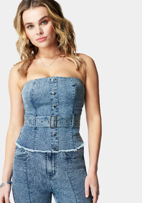 Belted Button Front Denim Bustier