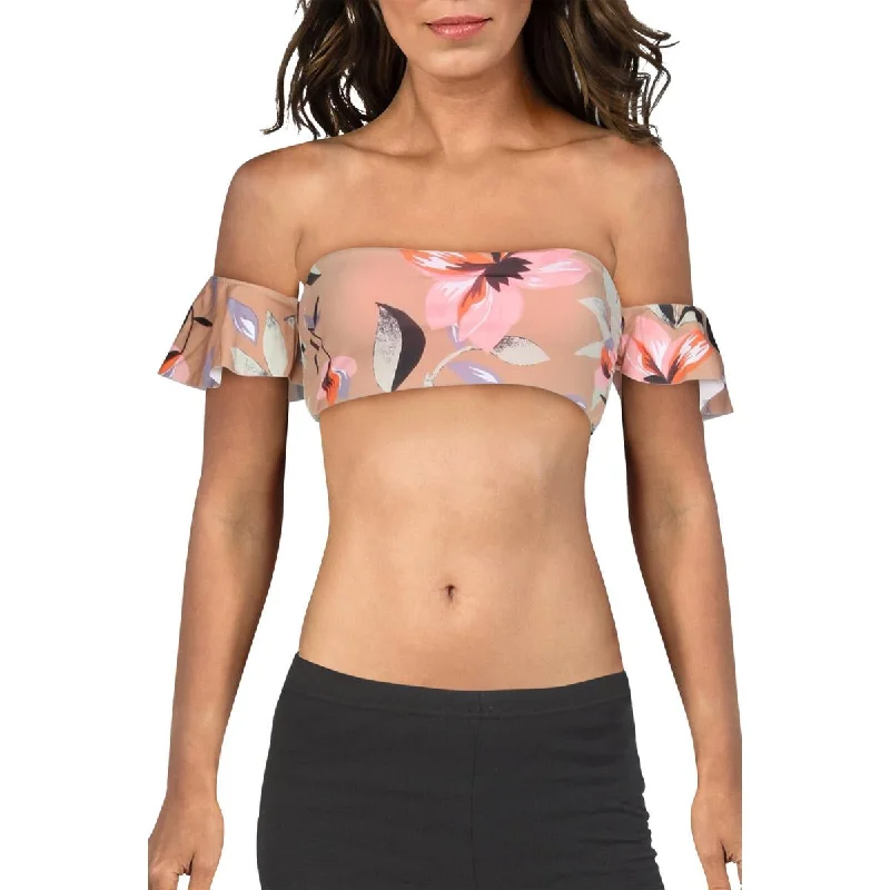 Bikini Lab Women's Ruffled Floral Print Off The Shoulder Bandeau Bikini Swim Top