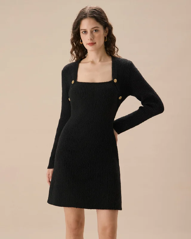 Black Square Neck Button Sweater Dress