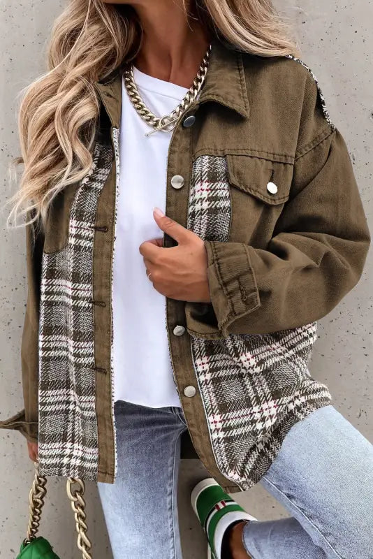 Brown Plaid Patchwork Denim Jacket