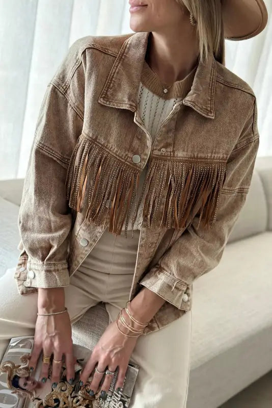 Brown Rhinestone Fringed Denim Jacket