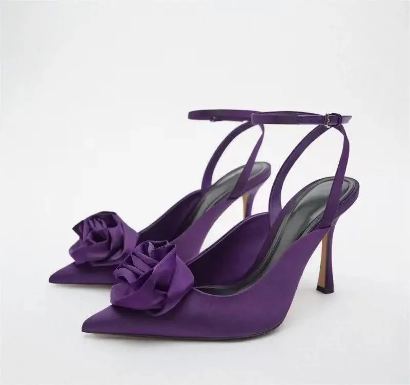 BUSY GIRL HW438 Sandals 2023 luxury satin purple flower High heels for ladies chaussures femm talon designer shoes women pumps