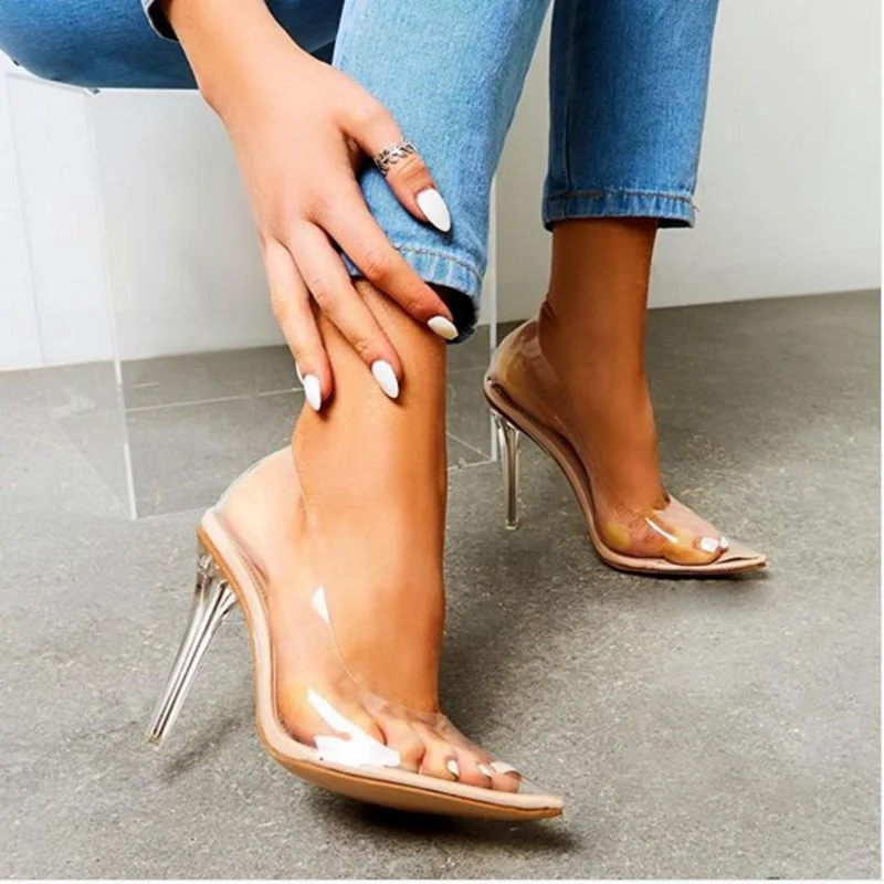 Clear PVC Transparent Pumps Sandals Perspex Heel Stilettos High Heels Point Toes Womens Party Shoes Nightclub Pump 35-42 Y12241