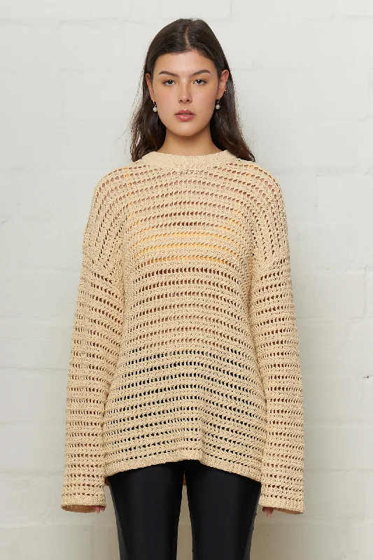 women's knit tops best sellers -Elton Crochet Crew-Neck Ecru