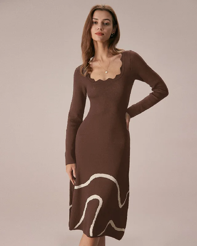 Coffee Wave Scalloped Sweater Midi Dress