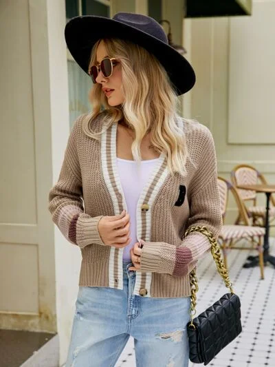 Contrast Button Up Dropped Shoulder Cardigan