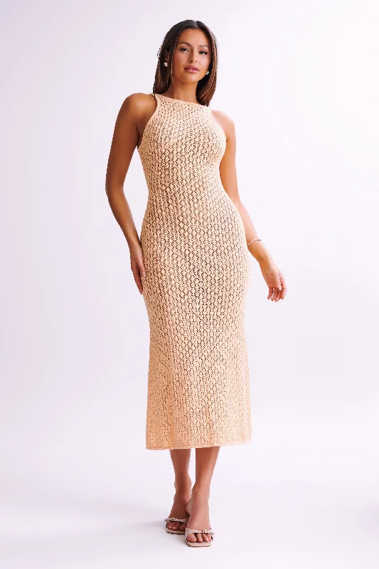 women's knit tops luxury -Cordelia Crochet Fishtail Midi Dress - Apricot