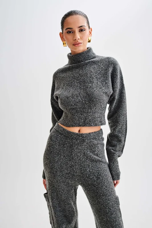 women's knit tops best sellers -Darius Turtleneck Knit Crop Top - Charcoal Marle