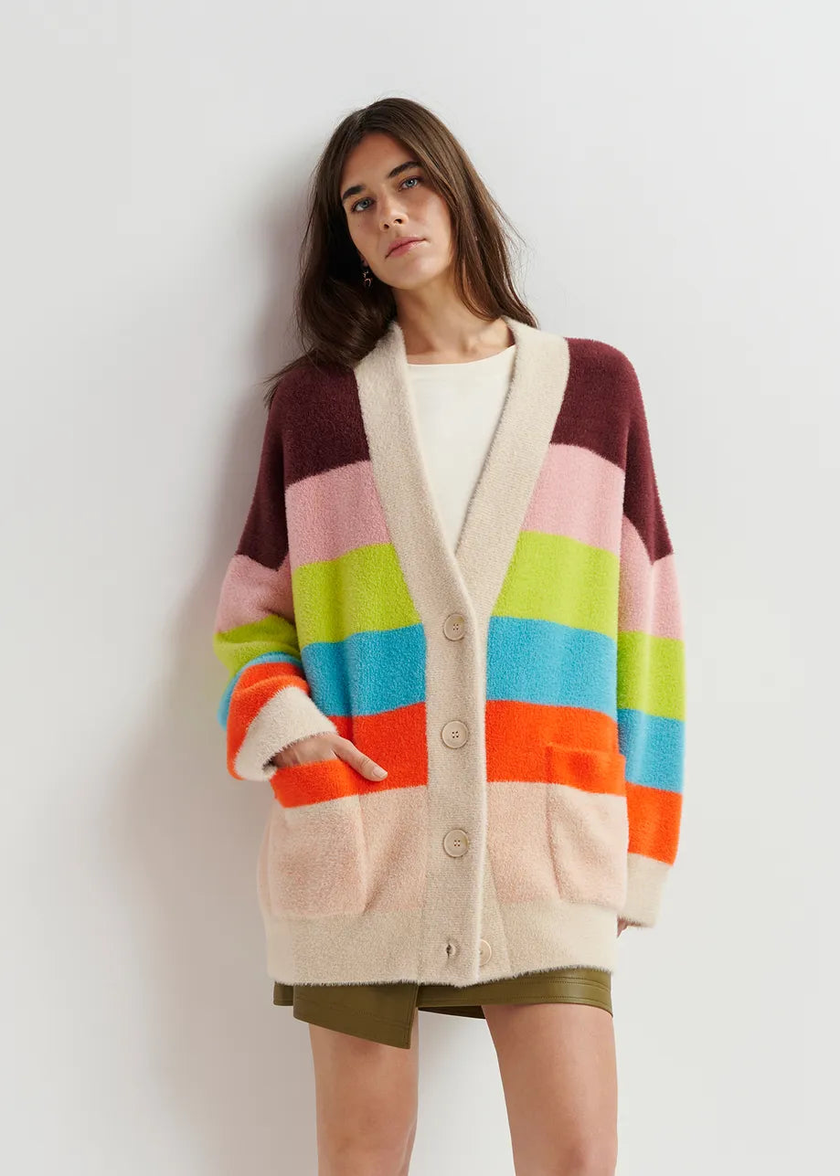 Essentiel Antwerp Gaan Fluffy Striped Cardigan - Blue/Ecru/Orange